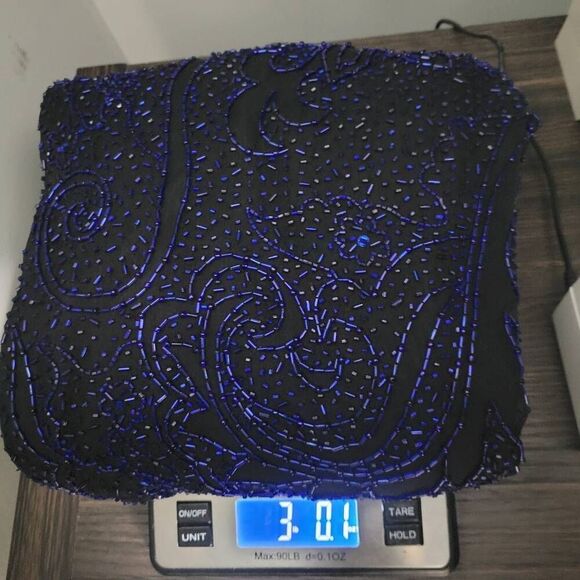 Vtg Cache 100% Silk Beaded Formal Maxi Dress Sz L Black Blue Straples Gown Prom - Picture 7 of 7